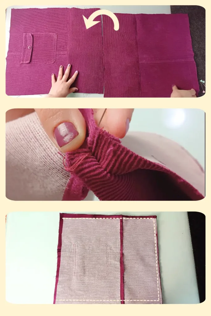 Unión de piezas de tela derecho con derecho para tote bag, con costura de 1 cm de margen.