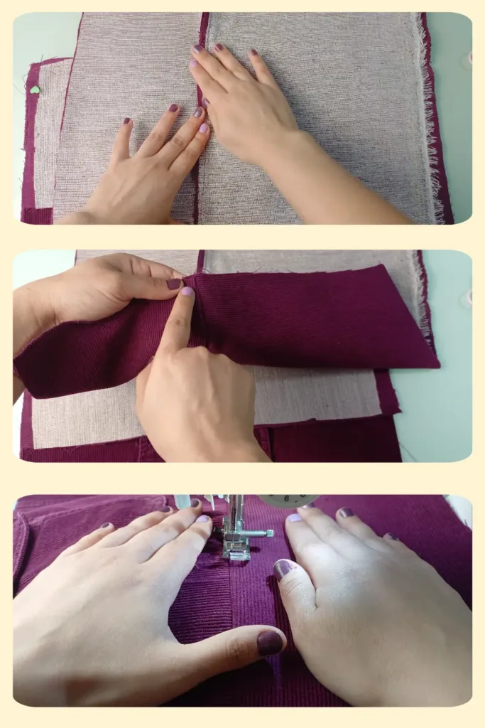 Costura de refuerzo en tote bag con tela de corderoy para un acabado firme y profesional.