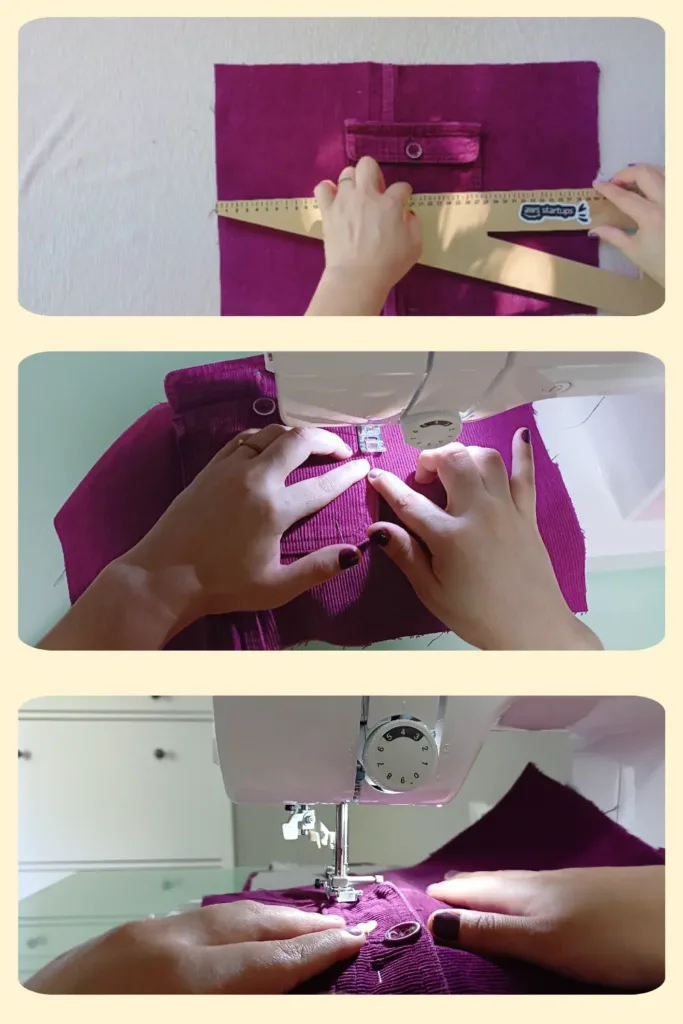 “Ubicación y costura del bolsillo frontal en la pieza principal de tela (40 × 27 cm) para tote bag upcycled. Se muestra cómo alinearlo con regla, sujetarlo con alfileres y coser los tres lados, incluyendo la tapa si aplica.